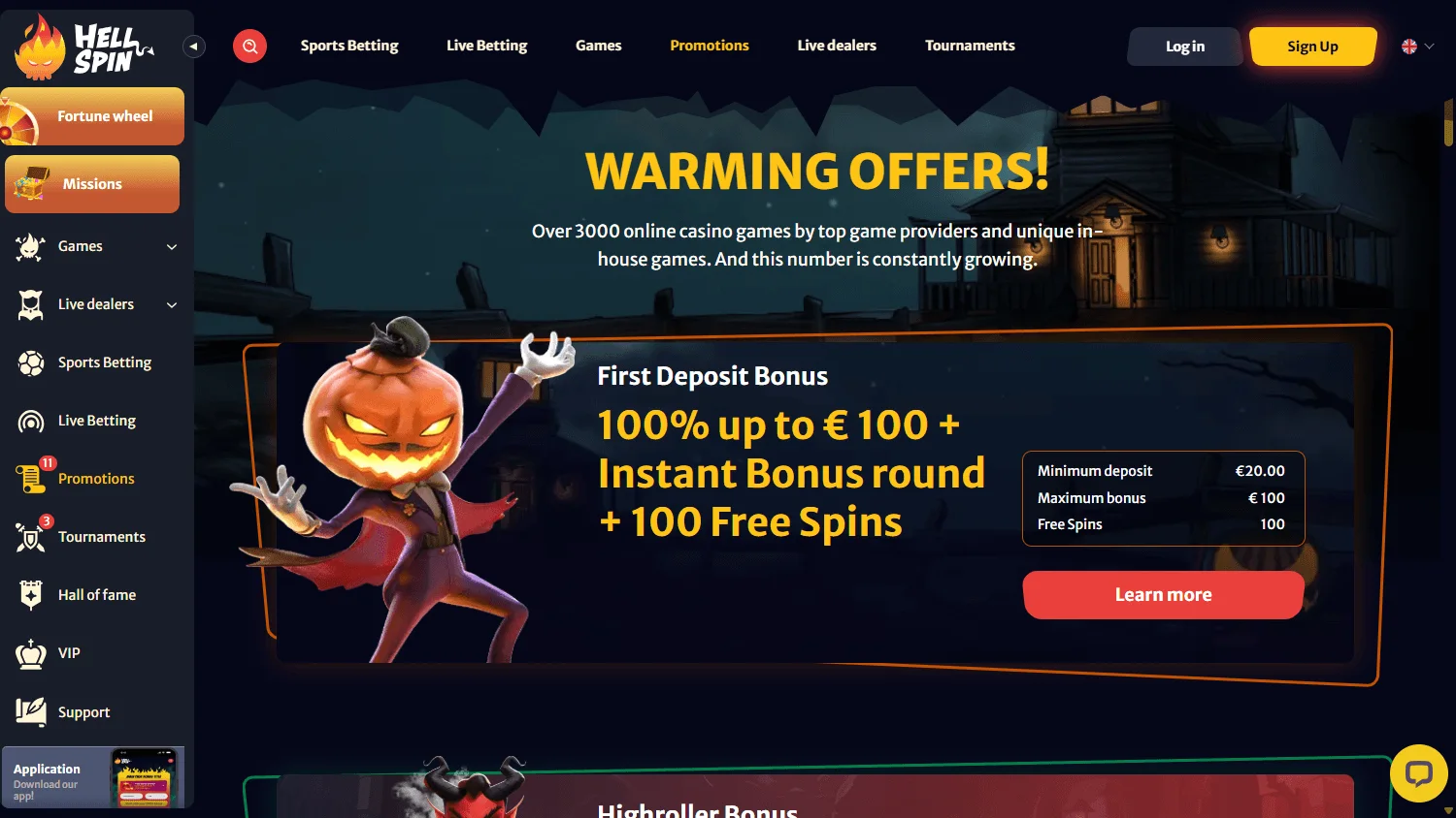 Hell Spin Casino desktop promotions area with bonus and prize offers