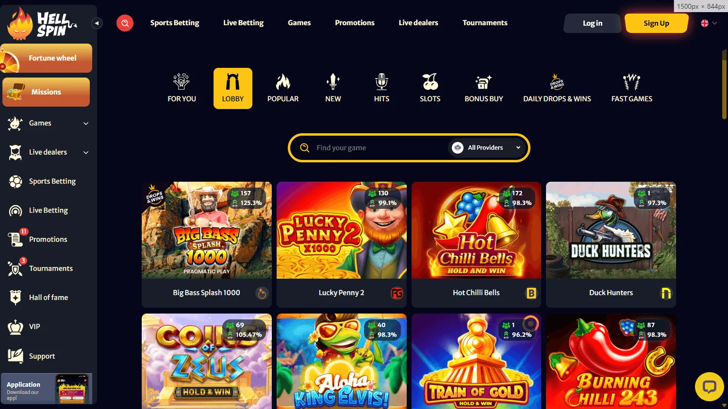 Hell Spin Casino desktop games area with pokies and casino titles