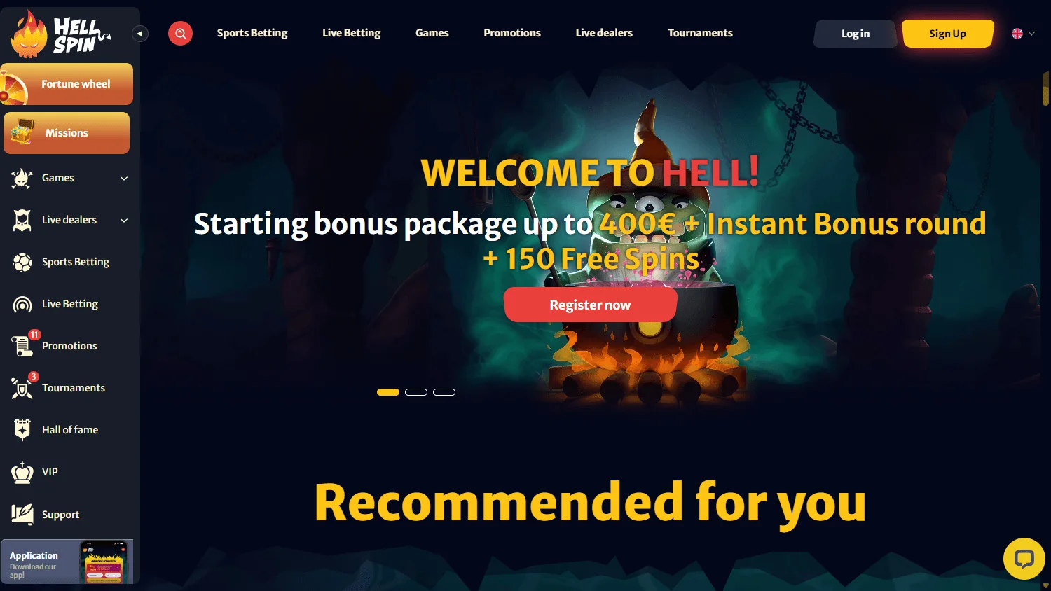 Hell Spin Casino desktop home screen with the welcome offer and casino navigation