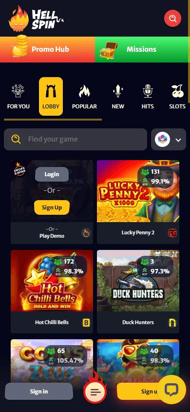 Hell Spin Casino mobile games area with pokies and casino titles