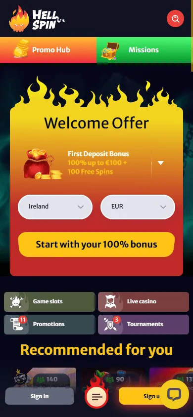 Hell Spin Casino mobile home screen with the welcome offer