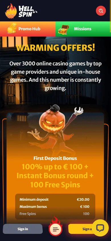 Hell Spin Casino mobile promotions area with bonus and prize offers